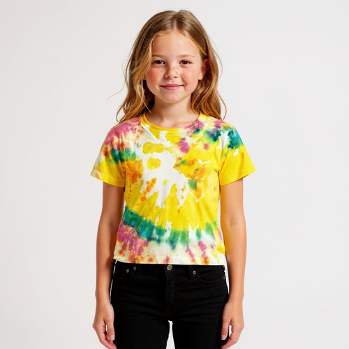 Young girl wearing a colorful tie-dye t-shirt against a plain background