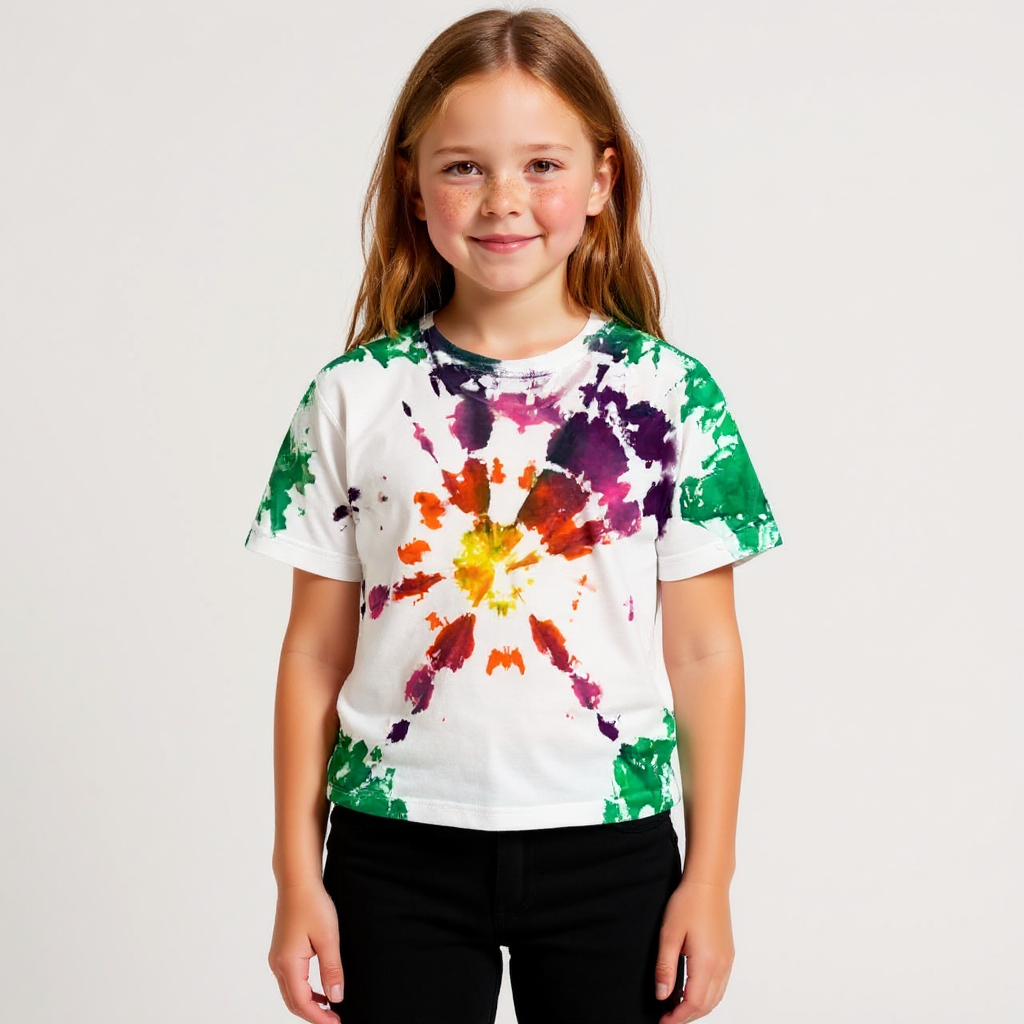 Child wearing a tie-dye t-shirt with a white background
